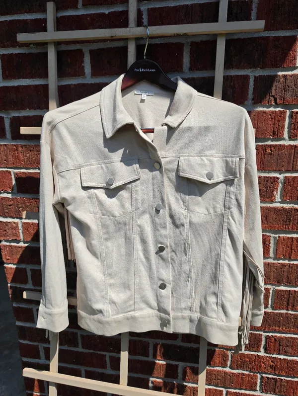 Cream Fringe Faux Suede Jacket Small - Image 6