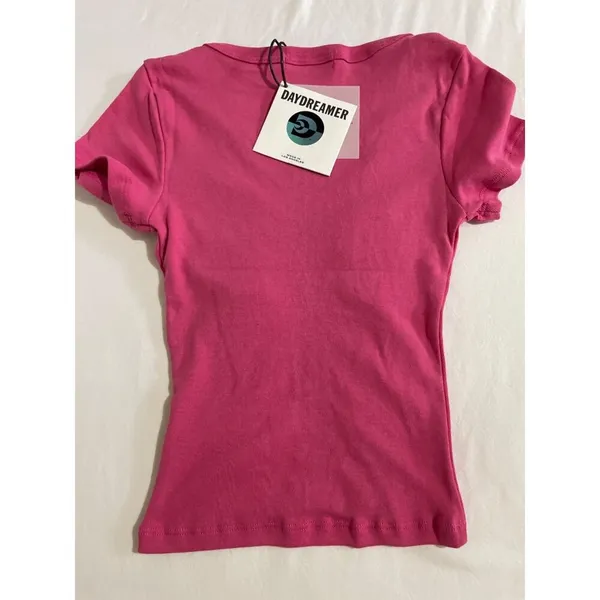 Daydreamer Pink Ribbed Baby Tee Cropped Y2K Fitted Graphic Top Large - Image 4