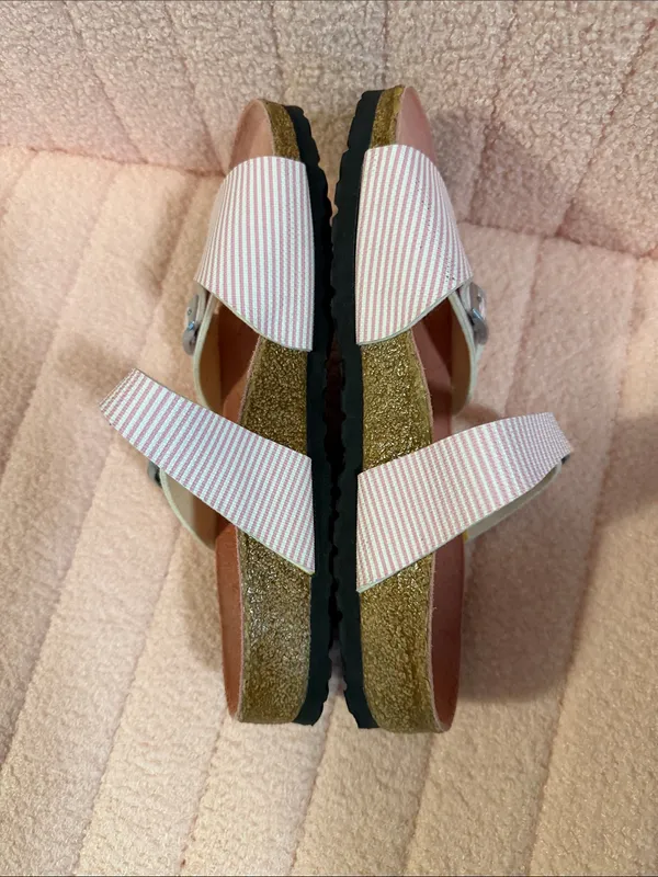 Birkenstock Birkis Sandals Pink Striped Leather Sandals Size 8 - Image 5