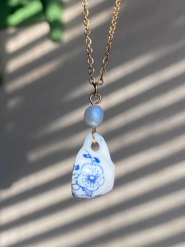 Handmade porcelain tea cup & freshwater pearl unique fun fairy antique style necklace🫖🍃🌀 - Image 3