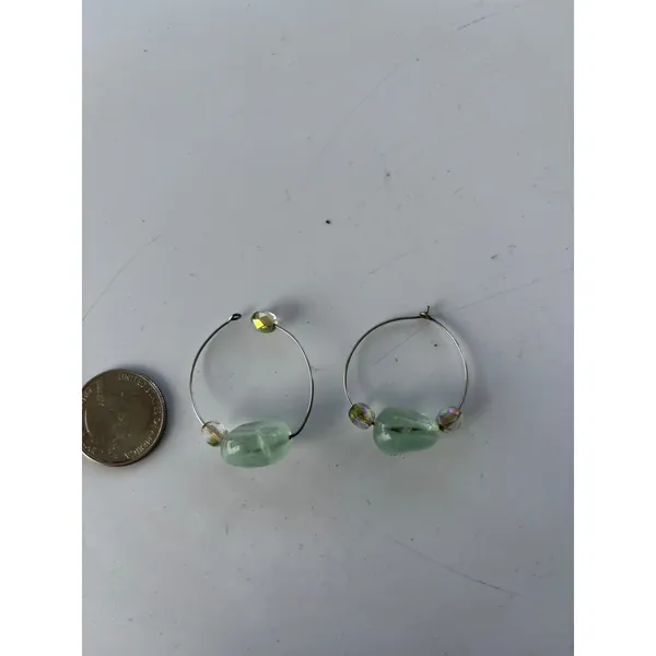 Vintage Hoop Earrings Green Stone‎ Glass Bead Boho Artisan Jewelry - Image 2