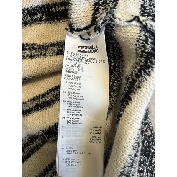 Billabong Striped Tie‎ Up Sweater Long Bell Sleeve Size L Black/Cream Knit Soft - Image 7