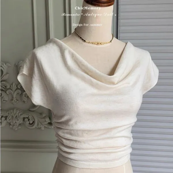 Japanese Kawaii Cream Beige Summer Knitted Cowl Neck Blouse Shirt Top - Image 3