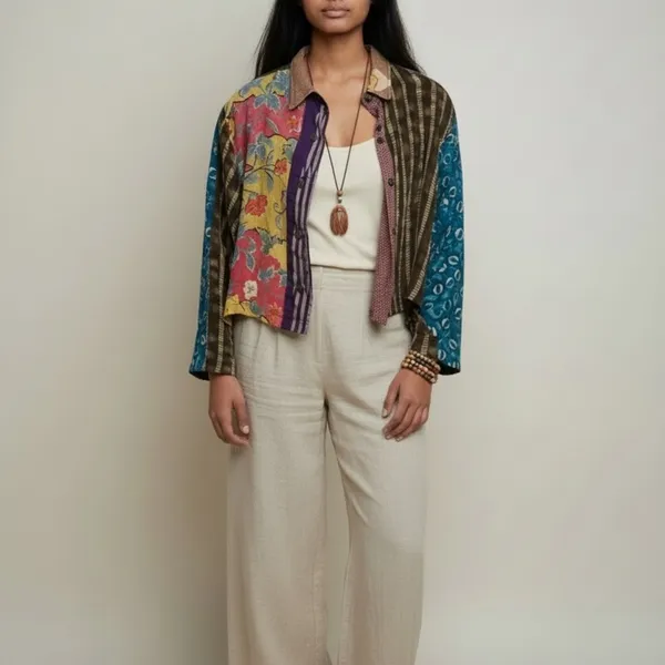 Yvonne Agaro Collections Multicolor Patchwork Cropped button down shirt Jacket Green Size L - Image 4