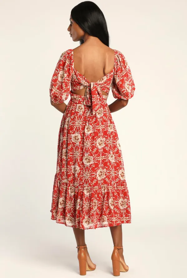 Lulus Rust Red Floral Midi Dress - Image 3