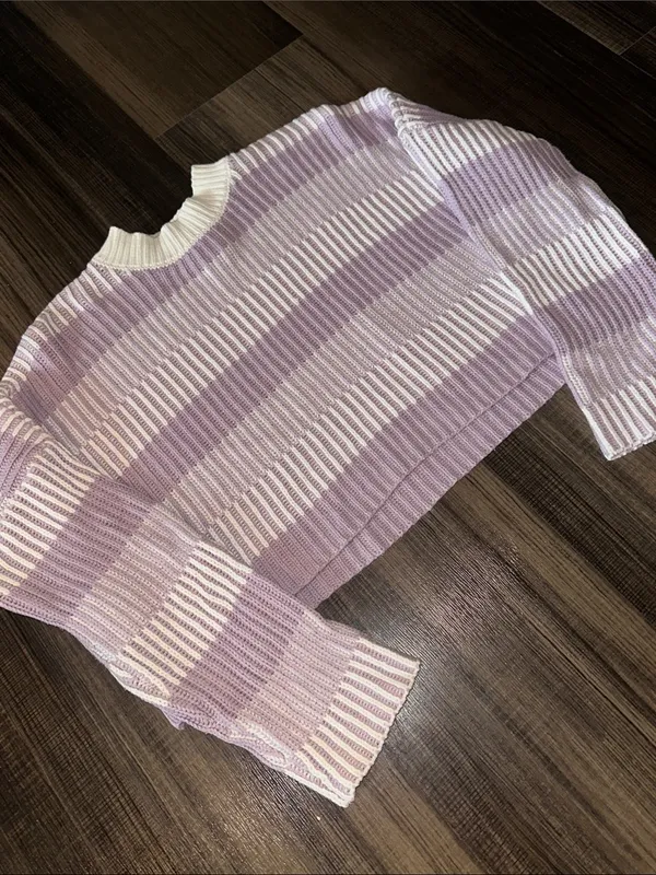 Sincerely Jules Lavender and White Striped Cropped Crew Sweater - Image 2