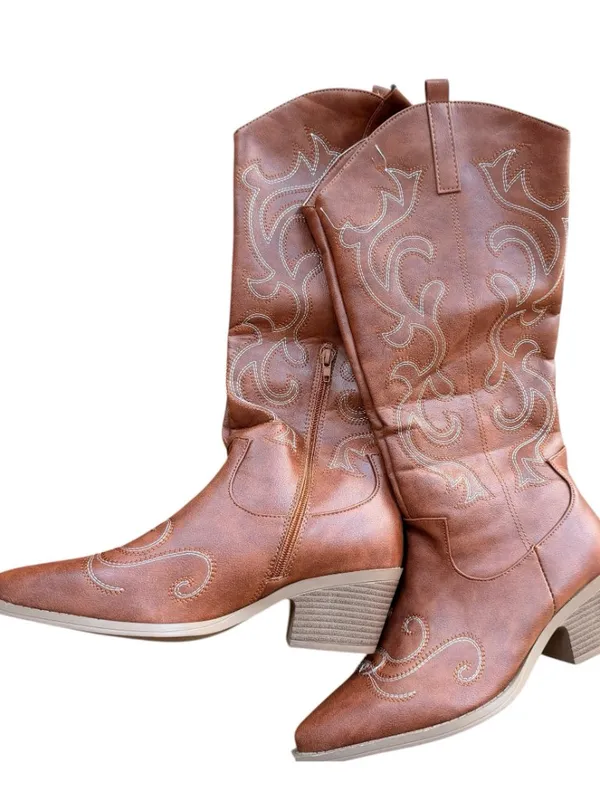 Western-Style Brown faux leather Cowboy Boots With Embroidered Design Side Zippe - Image 5