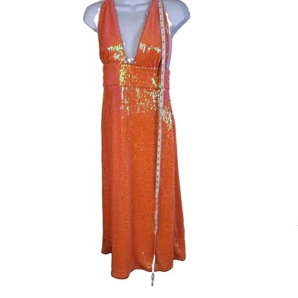Song of Style x Revolve Women's Orange Sequin Halter Open Back Midi Dress Small - Image 7