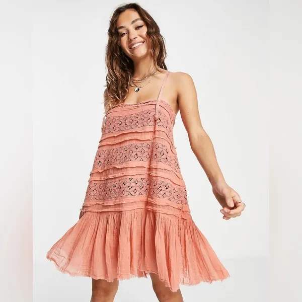 Free People Shailee Slip mini Dress Copper Rose embroidered ruffle square neck - Image 2