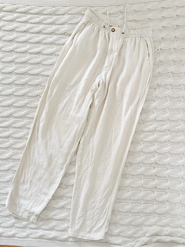Structure Vintage Cream Wide-Leg Drawstring linen blend Pants - Image 2