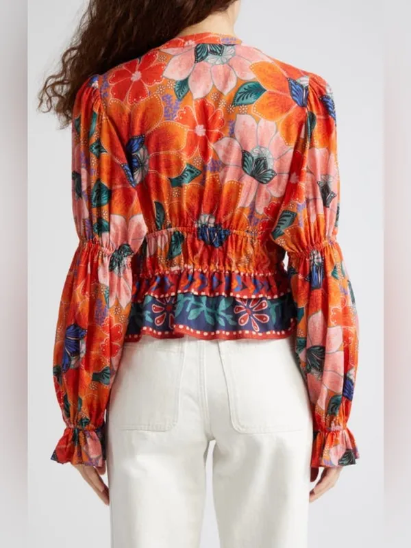 FARM Rio Marias Floral Plunge Neck Peplum Long Sleeve Top Size Medium - Image 3