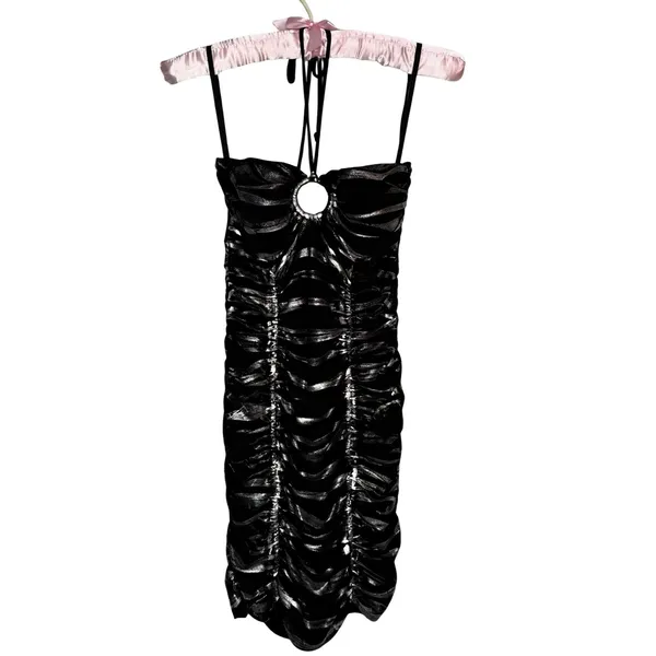 Body Central Vintage Y2K S Little Black Halter Dress Ruched Mini Going Out Cocktail USA‎ Made - Image 5