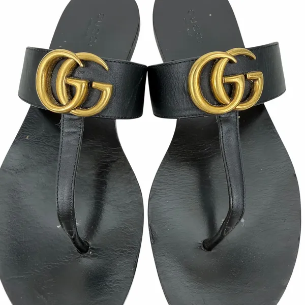 Gucci Black Leather Thong Sandal Gold Double G Logo Size 37 - Image 7