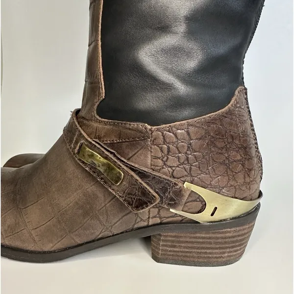 Sam Edelman Juliana Riding Boots Size 8.5M Black Brown‎ Leather Croc Embossed - Image 4
