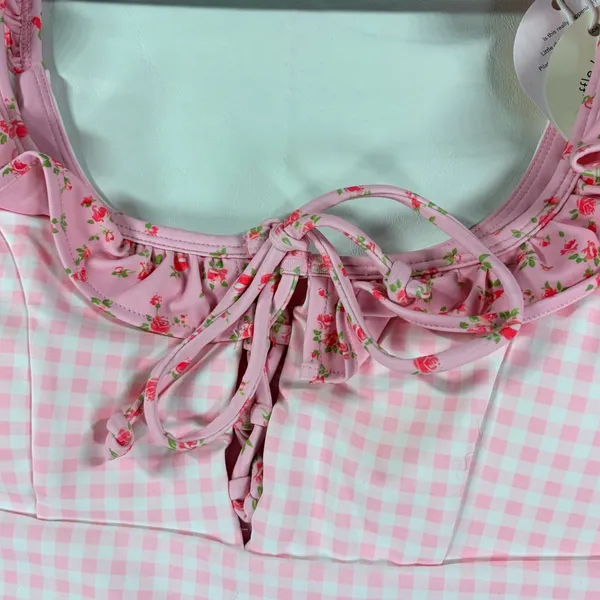 Blogilates Pink Gingham Ruffle Lace Up Tank Top Floral Trim Small NWT Balletcore - Image 9