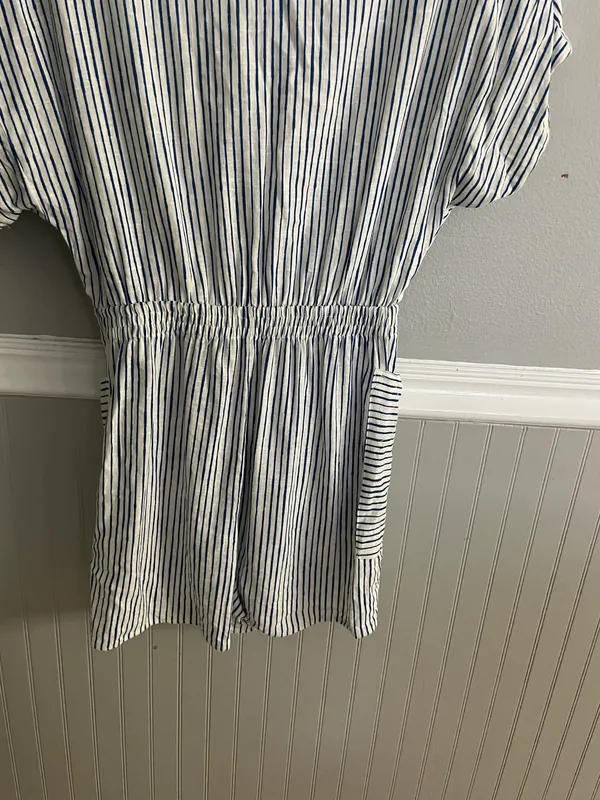 Blue White Stripe Lined Blend Button Down Shirt Short Romper Jumpsuit - Image 12