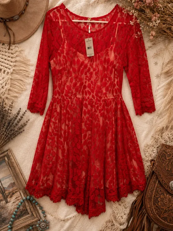 Free People‎ Brick Red Lace Dress NWT Boho Fit Flare festival - Image 2