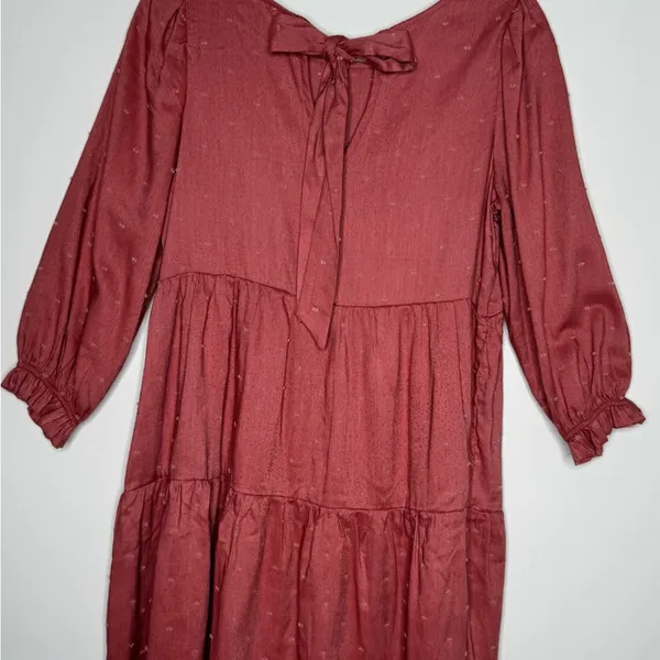 Anthropologie Rust Swiss Dot Tiered Mini Dress Long Sleeve Babydoll M - Image 9