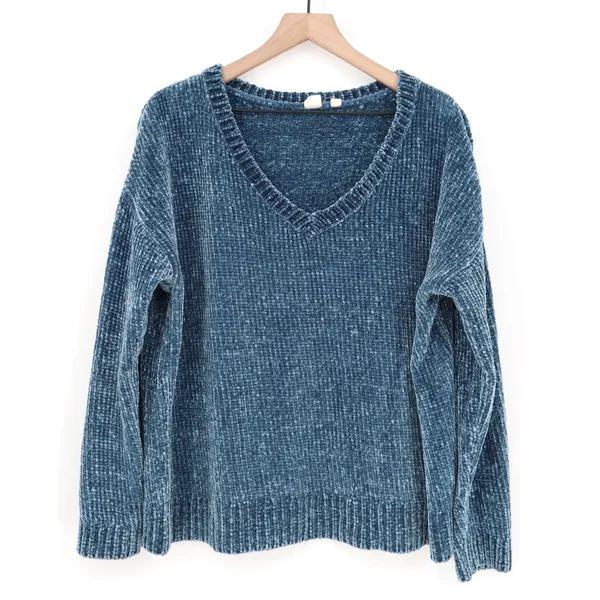 Gap Sweater Women XL Blue Velvet Chenille Long Sleeve Super Soft V-Neck Pullover - Image 2