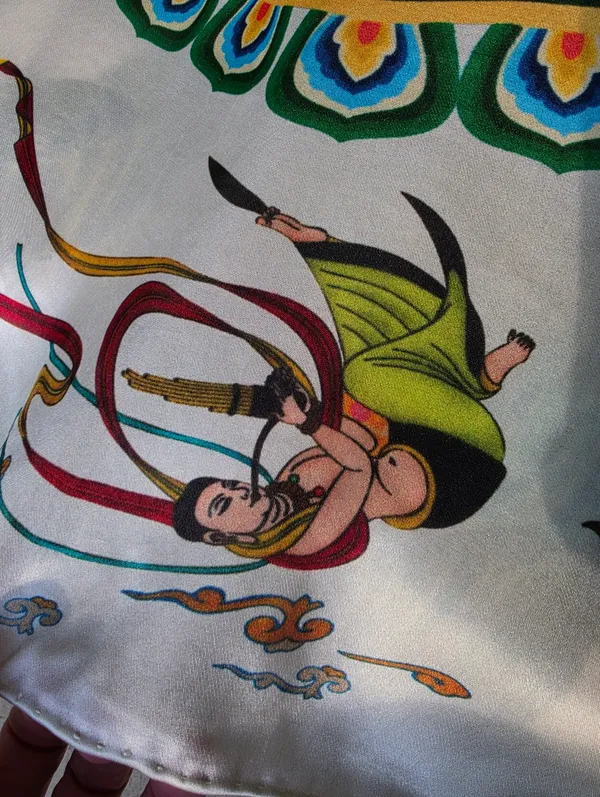 Vintage 100% Silk Scarf Hand Rolled Hem. DunHuang Art 43x41" - Image 4