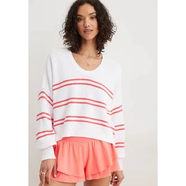 Aerie Beyond White Red Striped Long Sleeve Oversized Cropped Sweater Top Size S - Image 3