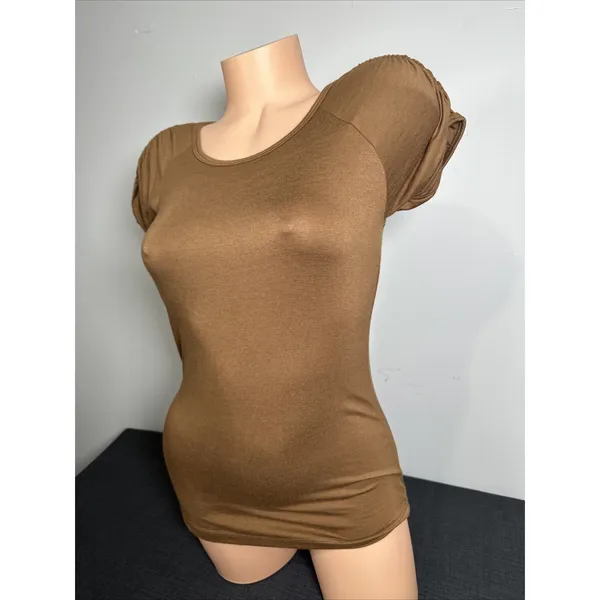 Tweeds Womens‎ Top Small T-Shirt Brown Stretch Short Sleeve NWT Ruched Basic Y2K - Image 2