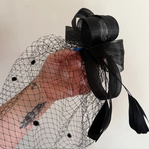 Vintage Black Feather Fascinator with Dot Birdcage Veil - Image 2