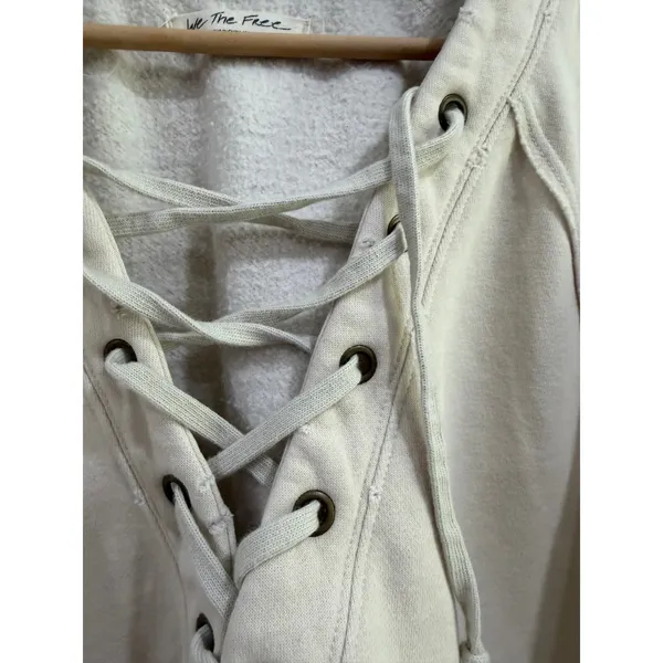 We The Free Lace Up Sweatshirt Cream Raw Hem Distressed Pullover Sz S - Image 6