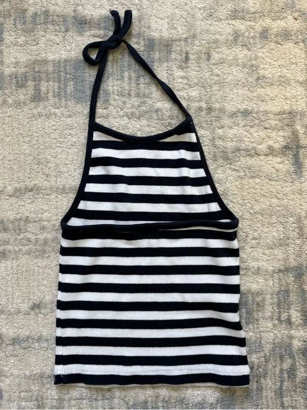 Brandy Melville Navy and White Striped Halter Tank - Image 2