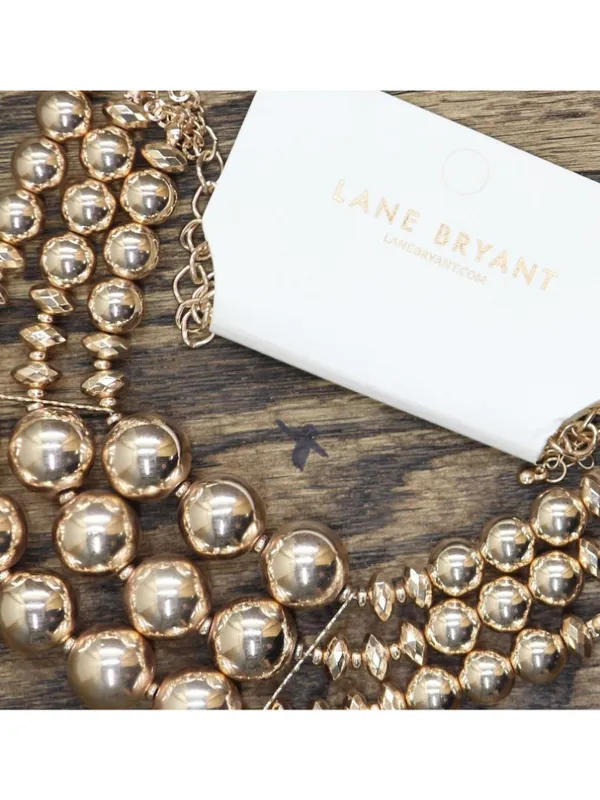 NWT Lane Bryant Chunky Bib Faux Pearl Bead Layered Necklace Gold Yellow 17" + 3" - Image 2