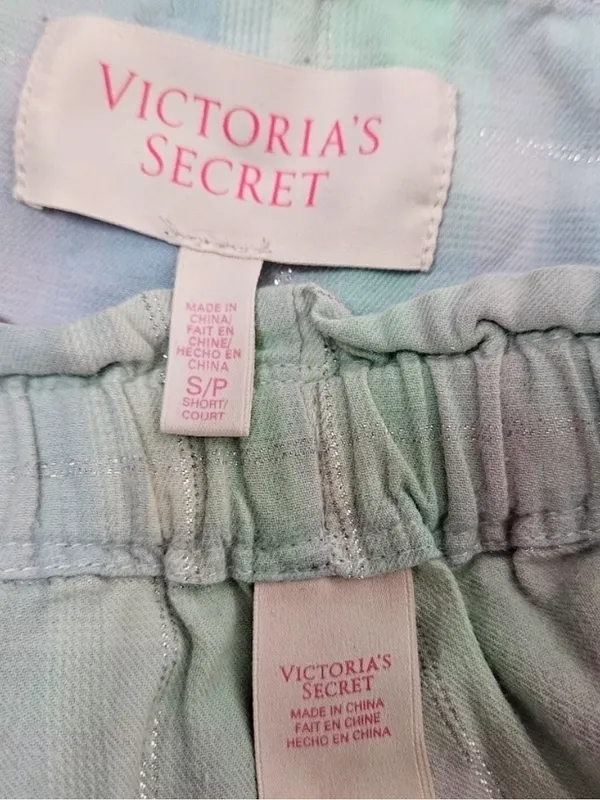 Victoria's Secret Aqua & Purple Pastel Plaid Flannel Pajama Set Women's Small‎ - Image 7
