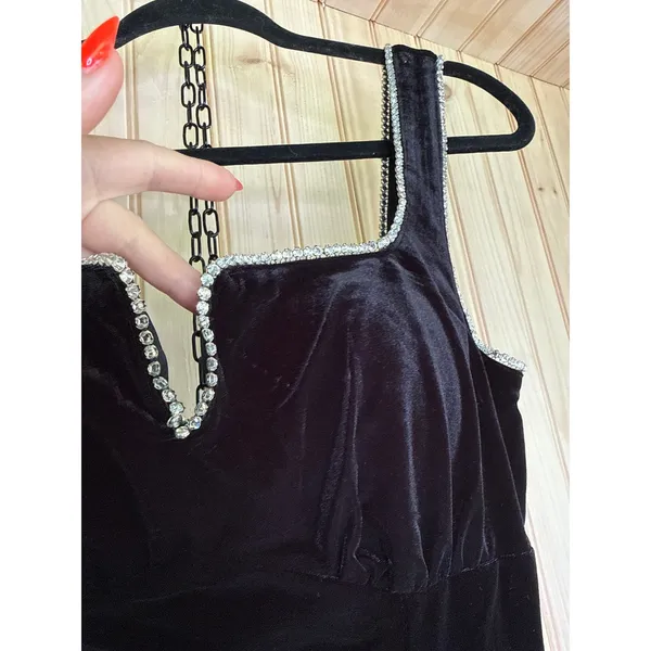 NWT Lulus Posh Sparkle Black Velvet Rhinestone Notched Midi Dress Party Size M - Image 5