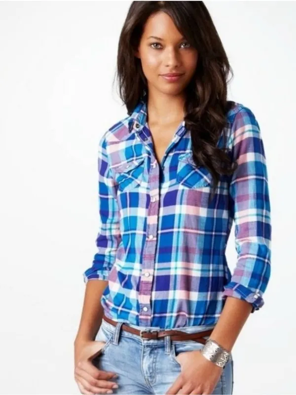 American Eagle Plaid Flannel Snap Button Front Shirt Blue Pink Women's Small - Image 3