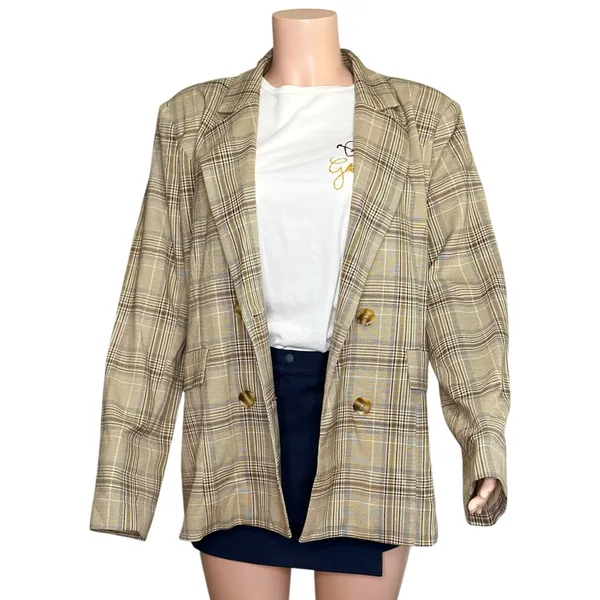 MAJORELLE Rhea Double-Breasted Blazer, Tan Plaid, XL - Image 6