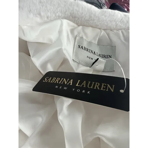 Sabrina Lauren Women's Large Faux Fur Toggle Coat Luxe Look White W/‎ Black Trim - Image 6