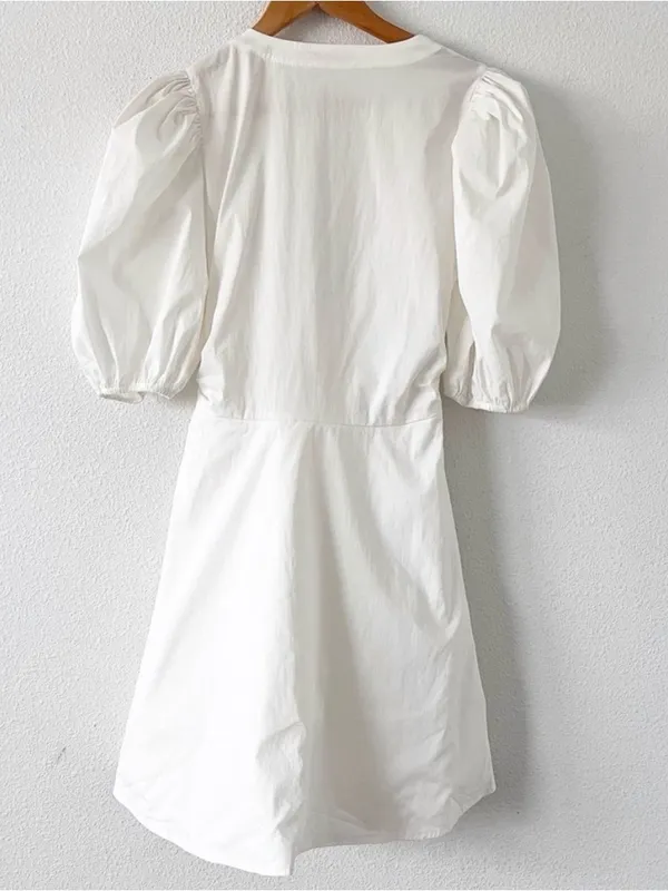 Choosy White Puff Sleeve Tie Front Cottagecore BohoSummer Vacation Mini Dress - Image 9