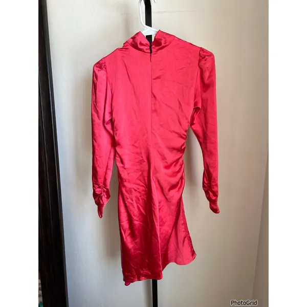 A.L.C. JOSS Dress Mock Neck Satin Ruched Long Sleeve in Hibiscus Size 00 - Image 3