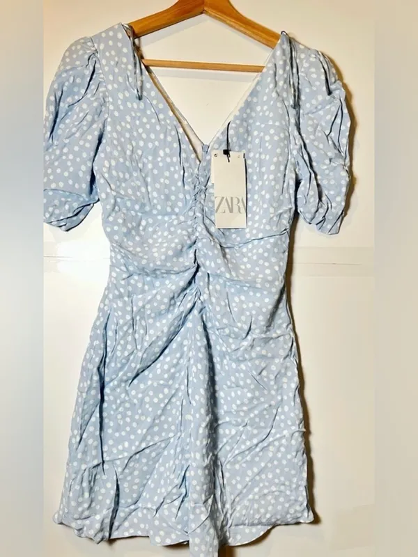 Zara Light Blue Polka Dot Ruched Mini Dress - Image 4