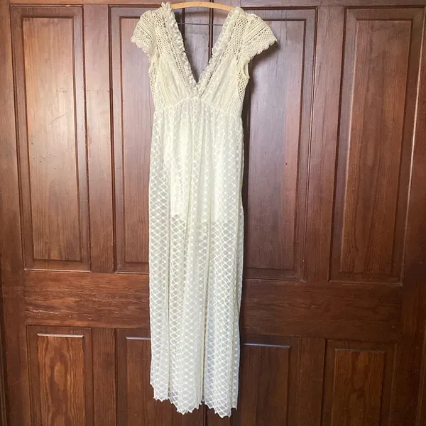 Free People Cleo Maxi Jumpsuit Lace Ruffle Cap Sleeve V-neck Wide Leg Cream S? - Image 3