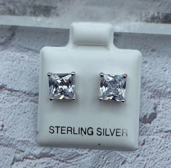 Sterling Silver 6mm Square Clear CZ Stud Earrings - Image 2