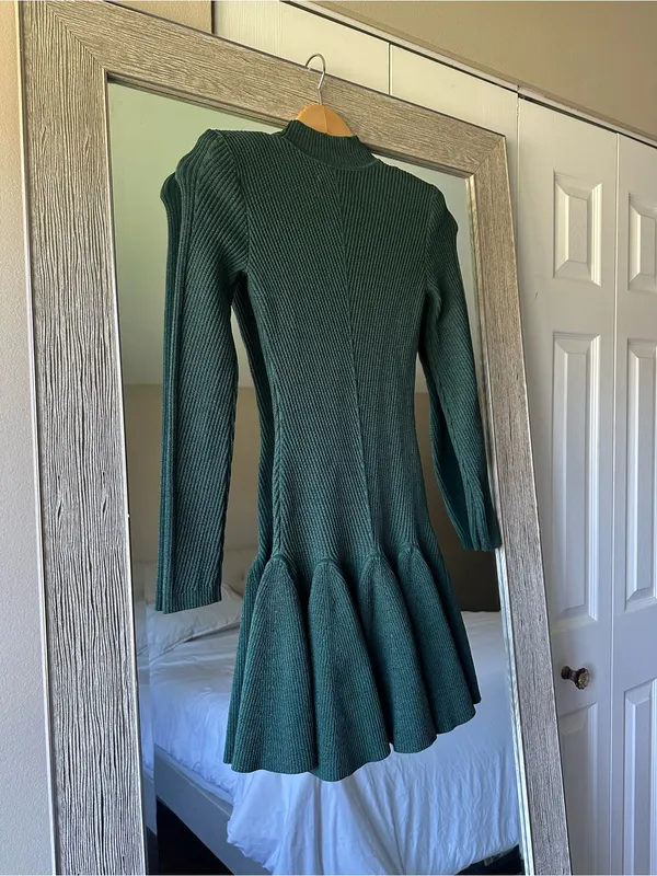Retrofete Green Knit Sweater Dress Pleated Mock Neck Long Sleeve Short XXS - Image 3