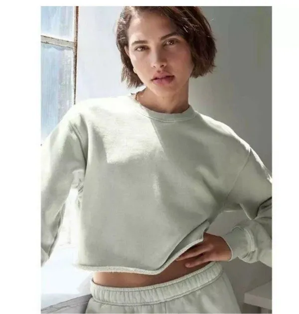 Aritzia TNA Cozy Fleece Boyfriend Cropped Pullover Sweatshirt Green Women’s Sz 2 - Image 2