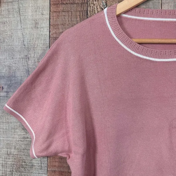 Pink Blush Preppy Knit Sweater Tee White Trim Soft Girl Top Medium Viscose - Image 2