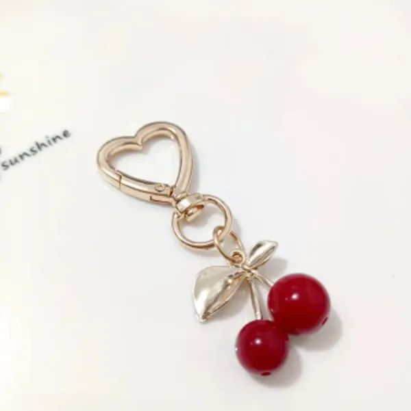 Stylish Gold Heart Cherry Theme Alloy Cherry Keychain with‎ Heart Clip - Image 6