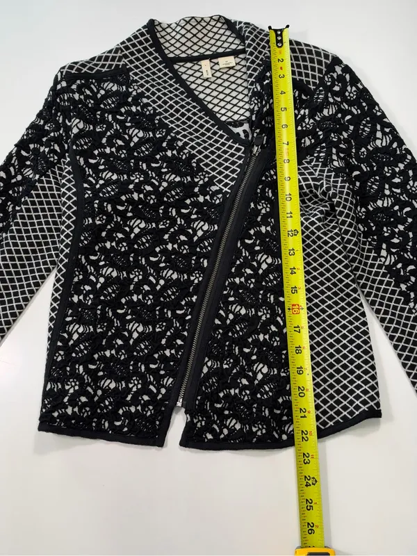 Moth Anthropologie Black & White Jacquard Moto Jacket with Asymmetrical Zipper - Image 4