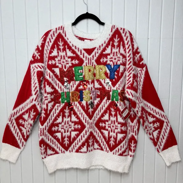 HOLIDAY TIME Red "Merry Christmas" Christmas Ugly‎ Sweater Size L NEW - Image 2