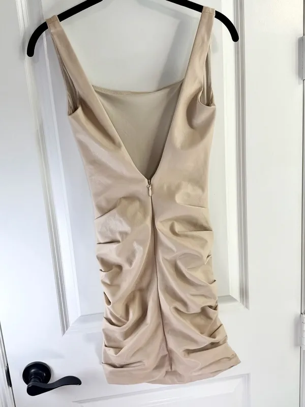 Naked Wardrobe Faux Leather Ruched Mini Dress in Beige - Image 3