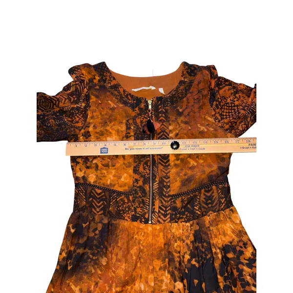 Soft Surroundings Rust Batik Midi Dress 3/4 Sleeve Tassel Zip Venetian boho Sz 4 - Image 5