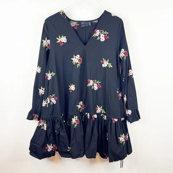 ASOS Women's Floral Embroidered Drop Waist Mini Dress Size 10 Black Boho Chic‎ - Image 2