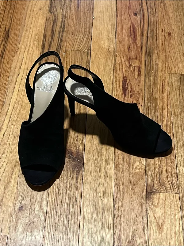 Vince Camuto Black Suede Peep Toe Slingback Heels Size 7.5 High Heel Mules - Image 2